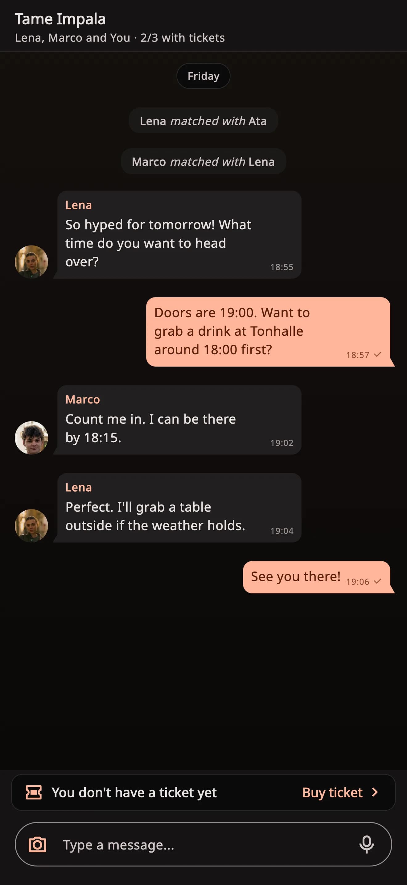 A matched group planning their night